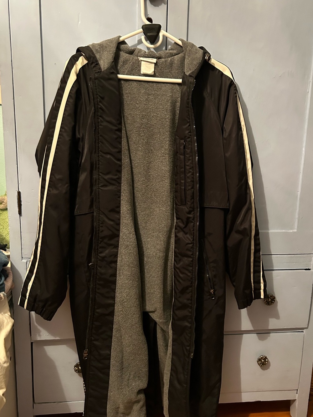 Unisex Black Hooded Parka with White Stripe, Athletic, swimmers wear
